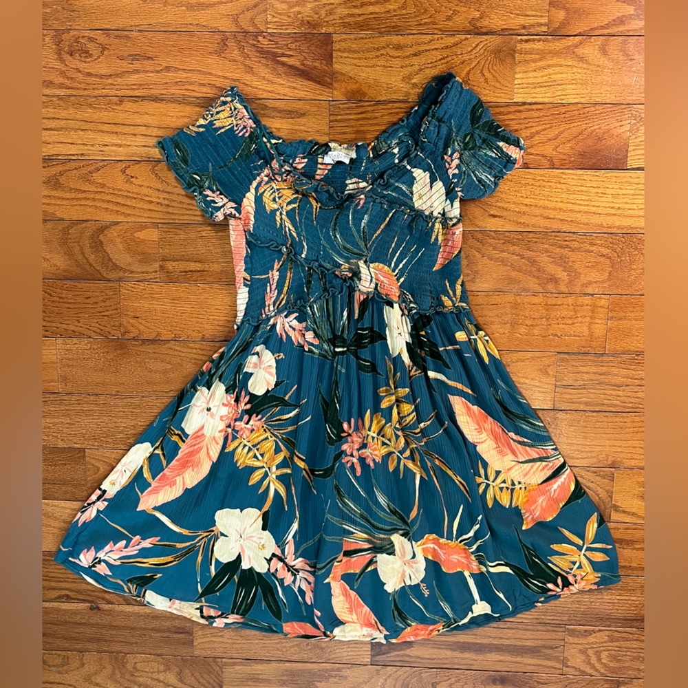 Patrons Of Peace Off Shoulder Dress Dark Teal Tropical Floral Women’s Medium